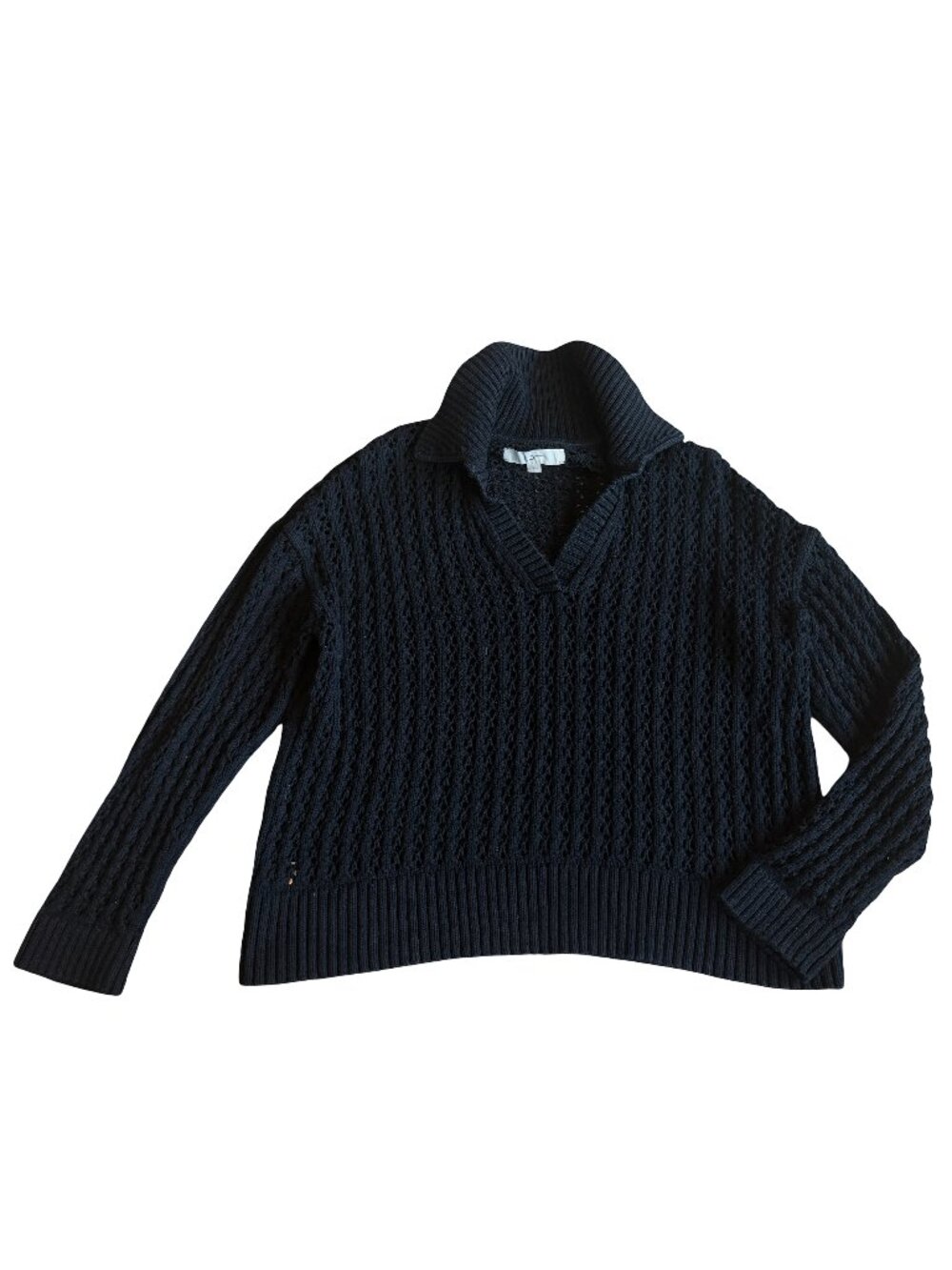 Ann Taylor Loft Black Crochet Knit Collar Pullover Sweater Collared Large Womens